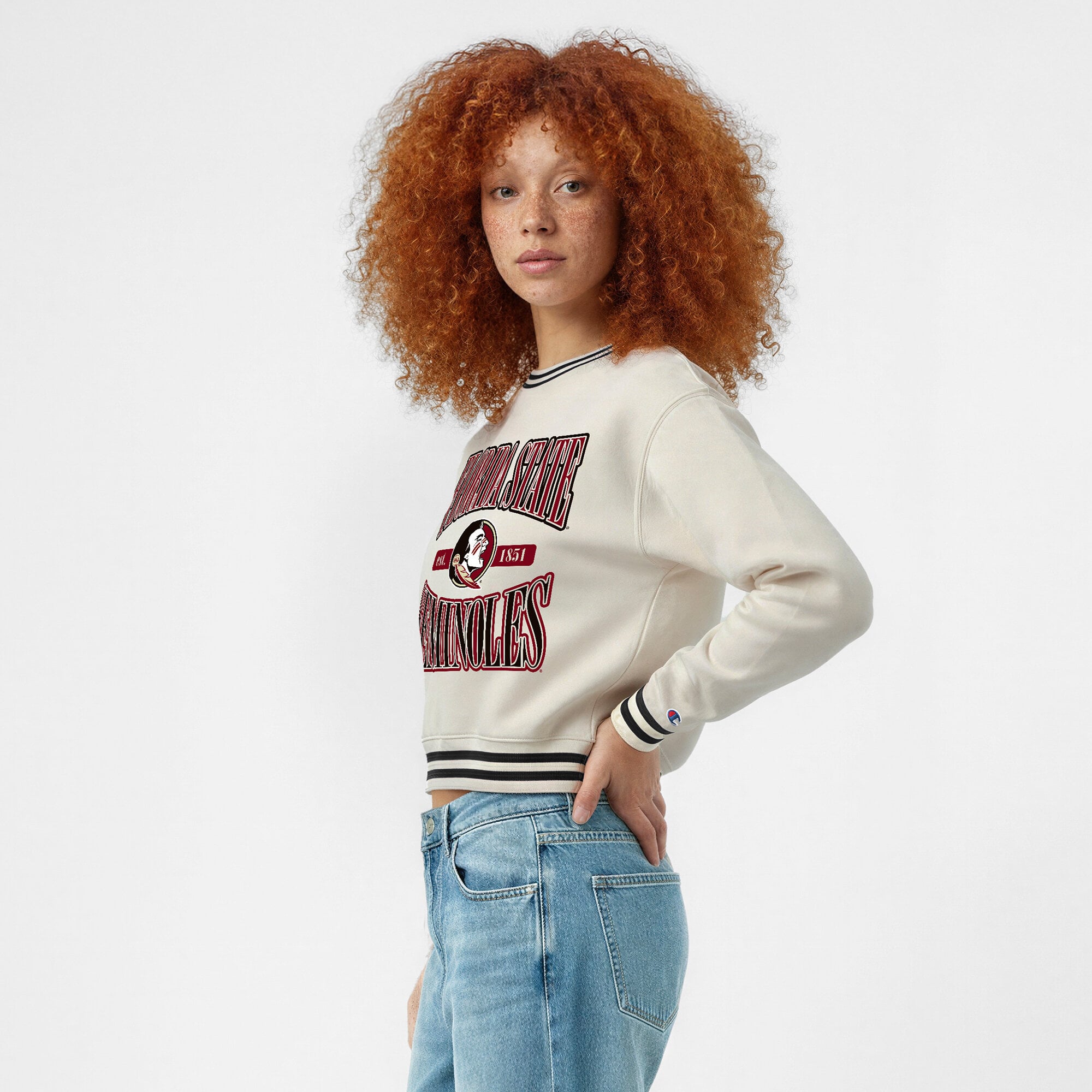 Women's Champion  White Florida State Seminoles Yarn Dye Rib Reverse Weave Crew Sweatshirt